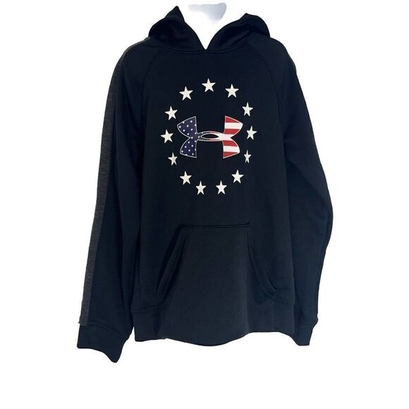 Under Armour Boys Loose Sweatshirt Hoodie YSM American Flag Stars Gray Arm - Picture 16 of 16